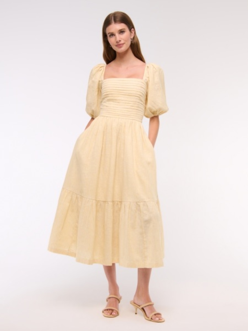 Abercrombie Emerson midi dress linen puff short sleeve butter pockets squareneck